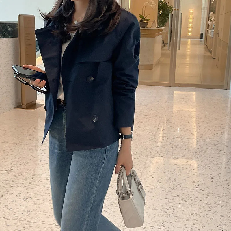 Lucyever Vintage Simple Short Trench Coat Women Fashion Streetwear Double-Breasted Jackets Woman Solid Loose All-Match Outerwear 241226