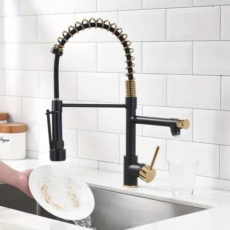 Cmercial Pl Down Kitchen Sink Faucet with Sprayer Matte Black and Golden Z241221