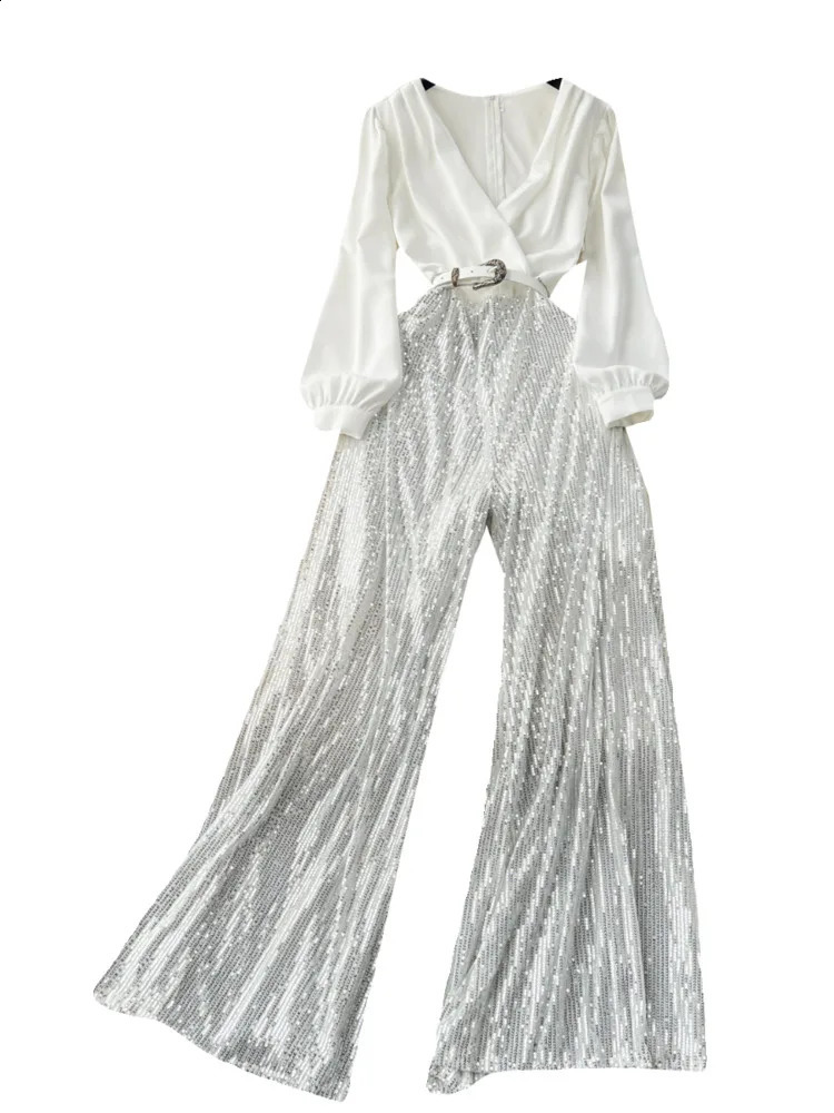 EWQ elegant style chic jumpsuit women fake two piece patchwork sequins with belt high waist jumpsuits winter spring 241224
