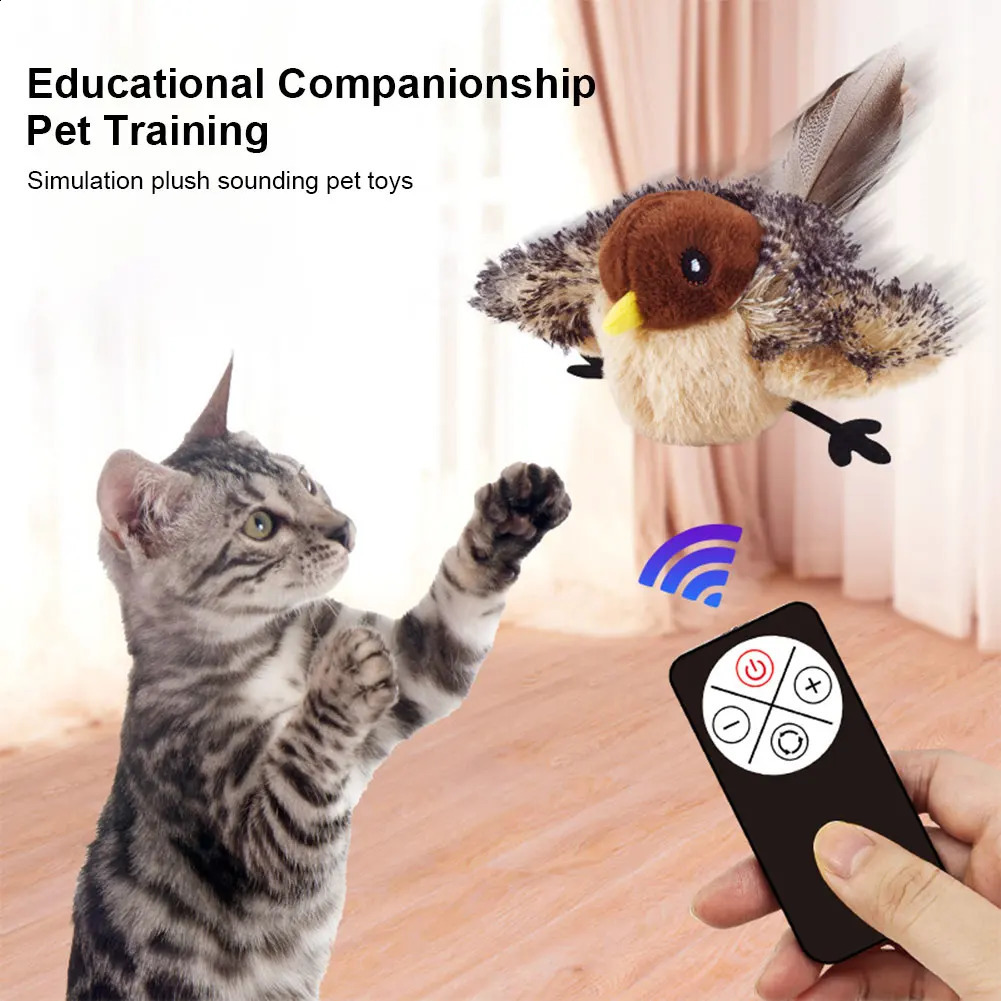 Interactive Cat Toys Flying Bird Cat Toy Flapping Wings Sparrow Catnip Toy Electric Squeaky Simulation Bird Plush Toy for Cats 241224