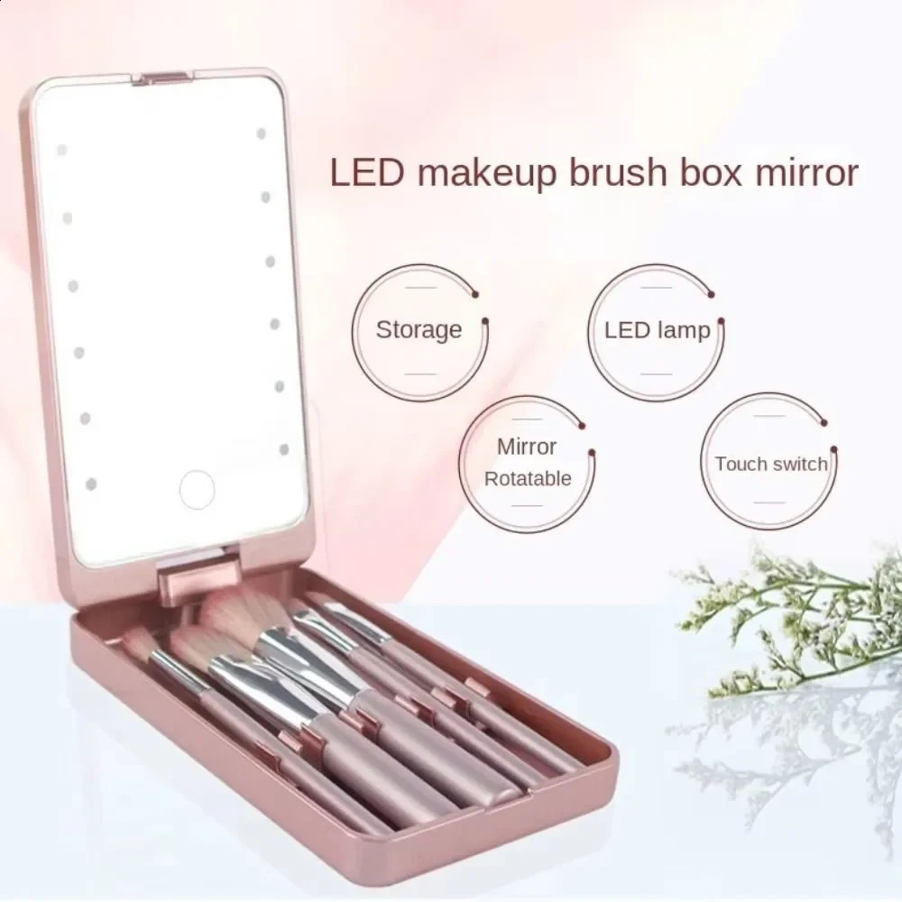 Travel Makeup Brush Mirror Set 5PCS Makeup BrushesUsb Rechargeable with LED Mirror Case Adjustable Makeup Brush Organizer 241223