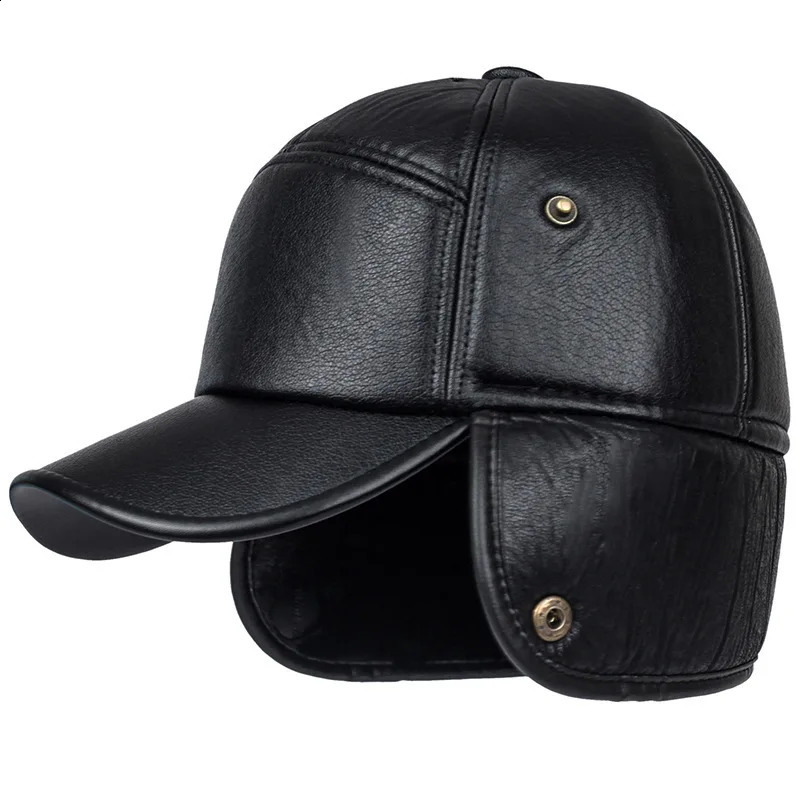 Black Leather Fur Baseball Cap For Men Winter Warm Hat Women Bones Dad Caps Gorras Earflaps Thicken Caps 241227