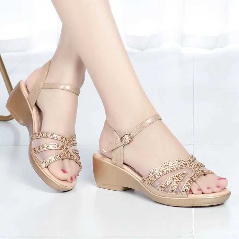 High Quality Shoes for Women Hot Sale Summer Womens Sandals Net Yarn Sequins One Word Mid Heel Open Toe Zapatillas De Mujer T241227
