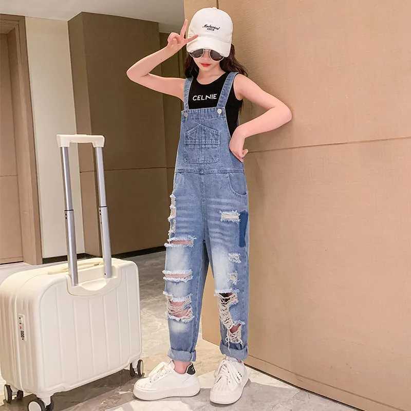 Cool hole girl jumpsuit summer fashion destination torn jeans covered childrens street clothing broken clothing 4 5 6 8 9 10 12 14 years old W241227