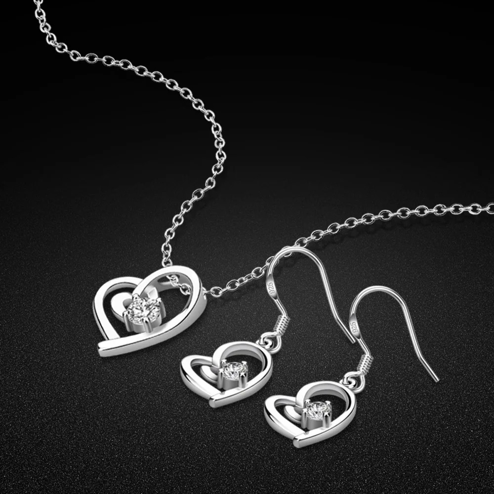 Original 925 Sterling Silver Heart-Shaped Necklace Set For Women Trendy Cubic Zircon Pendant Earring Jewelry Gifts 241226