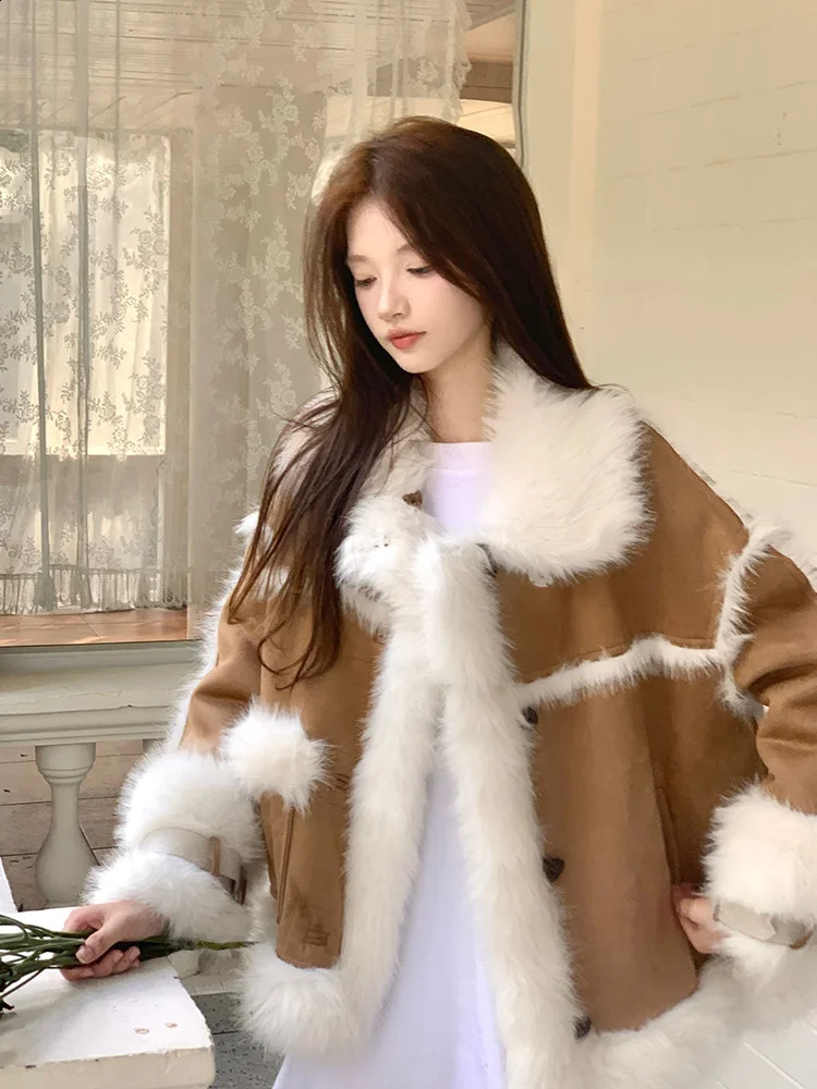 Fashion Fur Lamb Fleece Thickened Furs Collar Coat Women Winter Clothes Pink Warm Jacket Clothing 241223