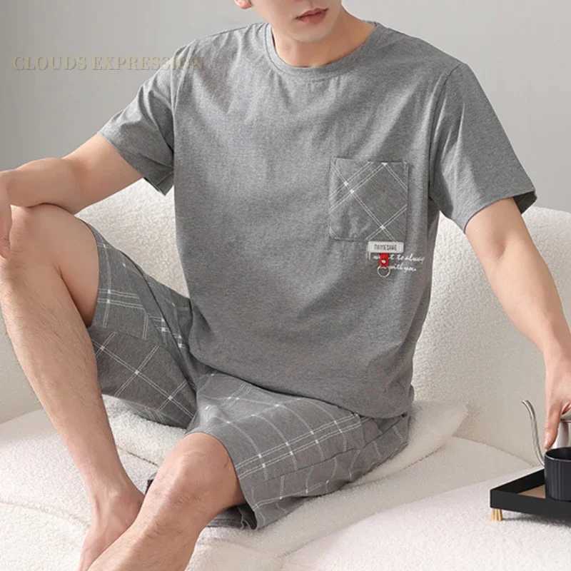 Summer Plus 7XL Knitted Pjs Short Sleeved Men Pajama Sets Male Pajamas Plaid Loungewear For Masculine Sleepwear Homewear FashionXJ241227