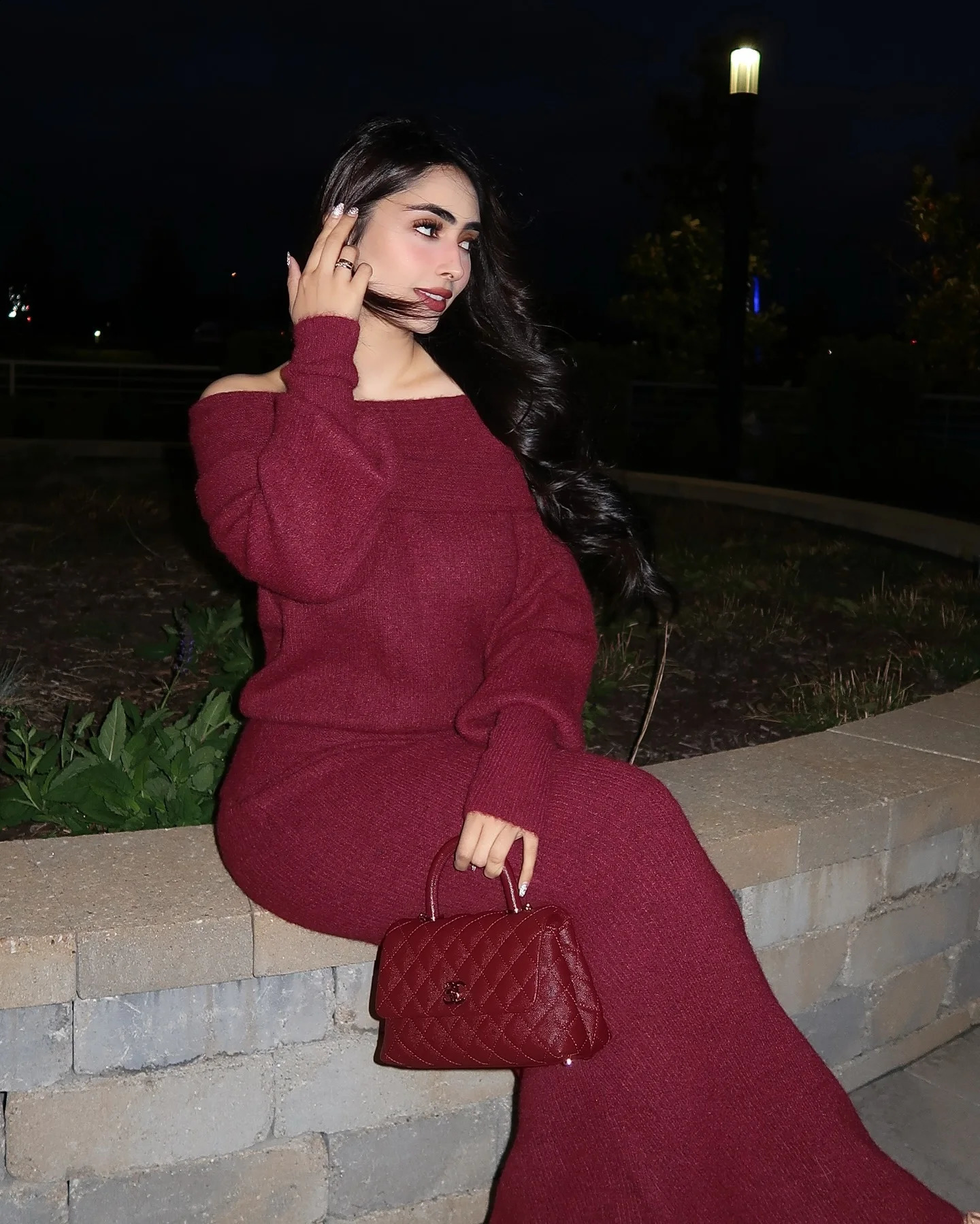 Women Burgundy Knitted Long Sweater Fashion Offtheshoulder Pullover Dress Fall Winter Female Party Outfit 241218