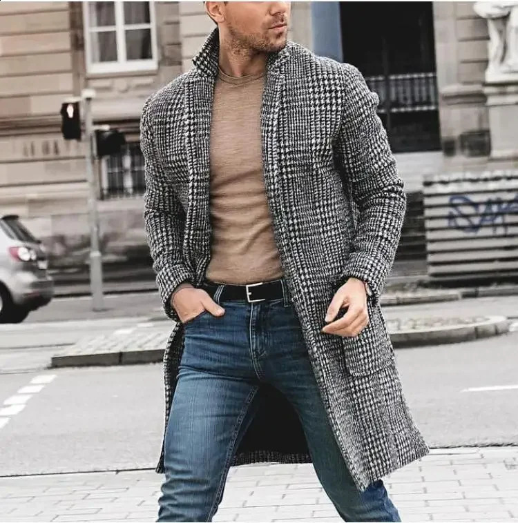 Trendy MediumLength Plaid Mens Overcoat Winter Casual Style Nylon Coat Thickened For Youth Slim Fit Jacket 241220