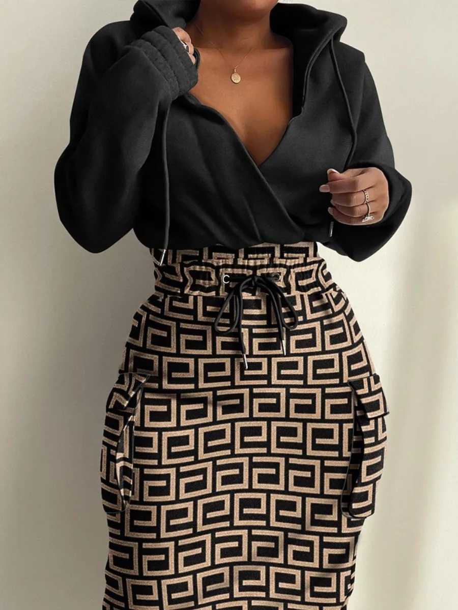 LW Plus Size Women Autumn Winter Sexy Turndown Collar Long Sleeve Mid Calf Geometric Print Plaid Drawstring Bodycon Dress X241226