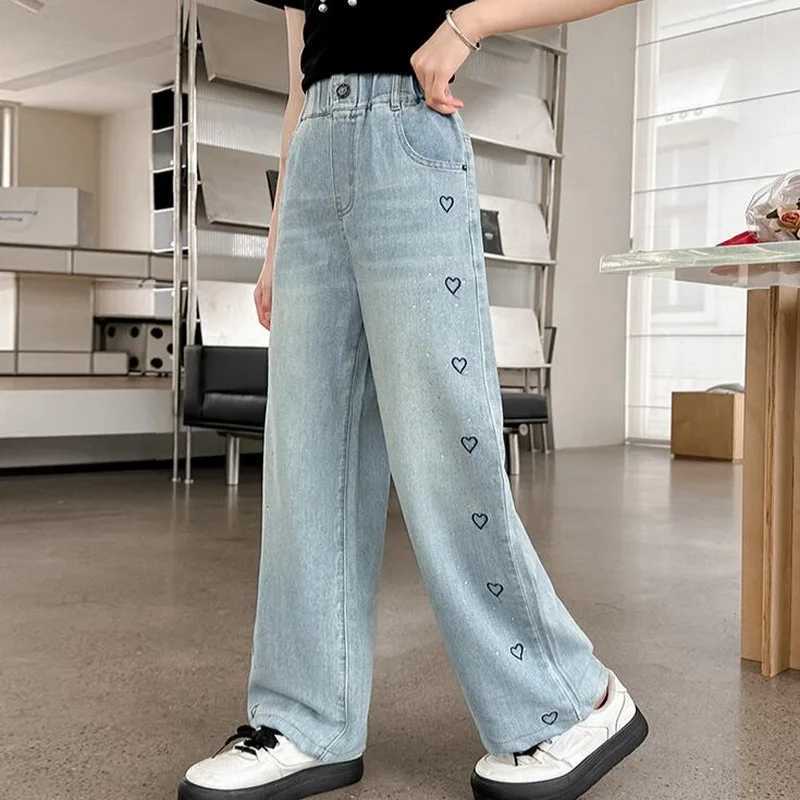 2024 Summer Teens Girl Wide-Leg Jeans Kids Embroidery Design Denim Pants Children Outwear Long Trousers Girl Clothing 4-12Years W241227