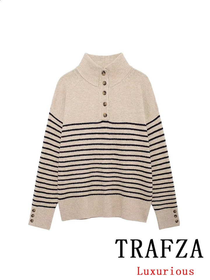 TRAFZA Vintage Casual Women Sweater Striped Stand Collar Long Sleeve Knitted Loose Fashion Autumn Winter Sweaters 241225