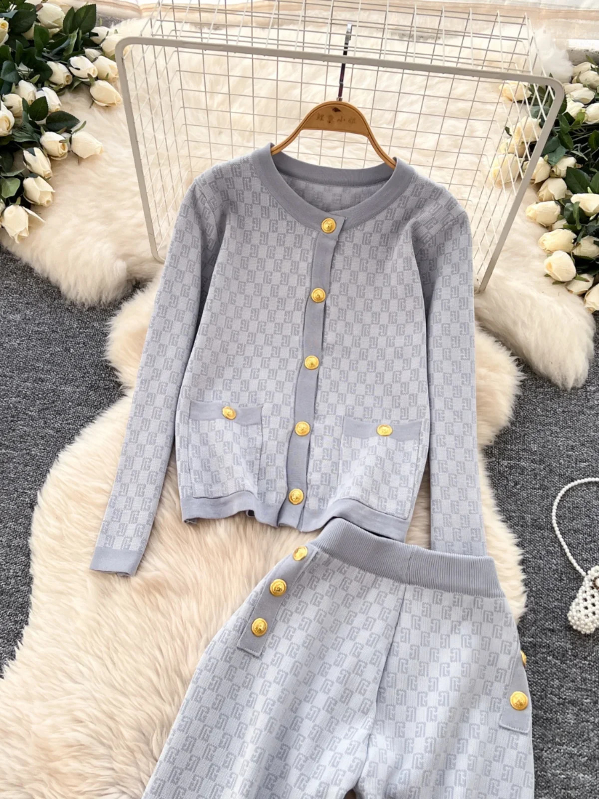 Autumn Winter Printed Knitted Two Piece Sets Women Round Neck Long Sleeve Sweater High Waisted Wide Leg Pants Vintage Tracksuits 241224