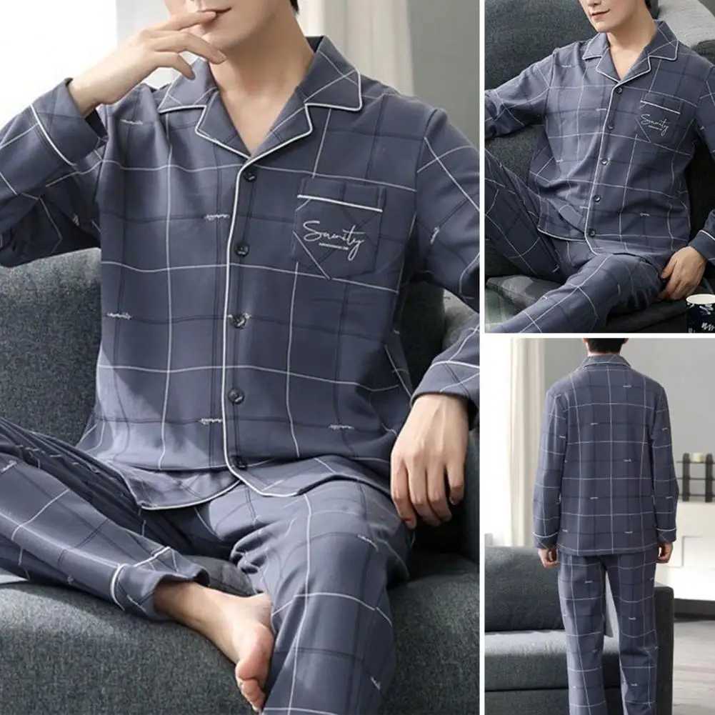 Plaid Print Pajamas Set Men Pajama Set Mens Plaid Print Pajama Set with Long Sleeve Shirt Elastic Waist Pants Casual for SpringXJ241227