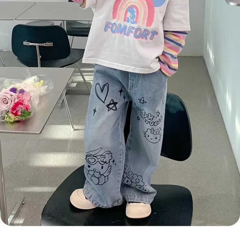 Girls wide leg jeans in spring and autumn cute retro straight tube girl in spring children wearing spring pants W241227