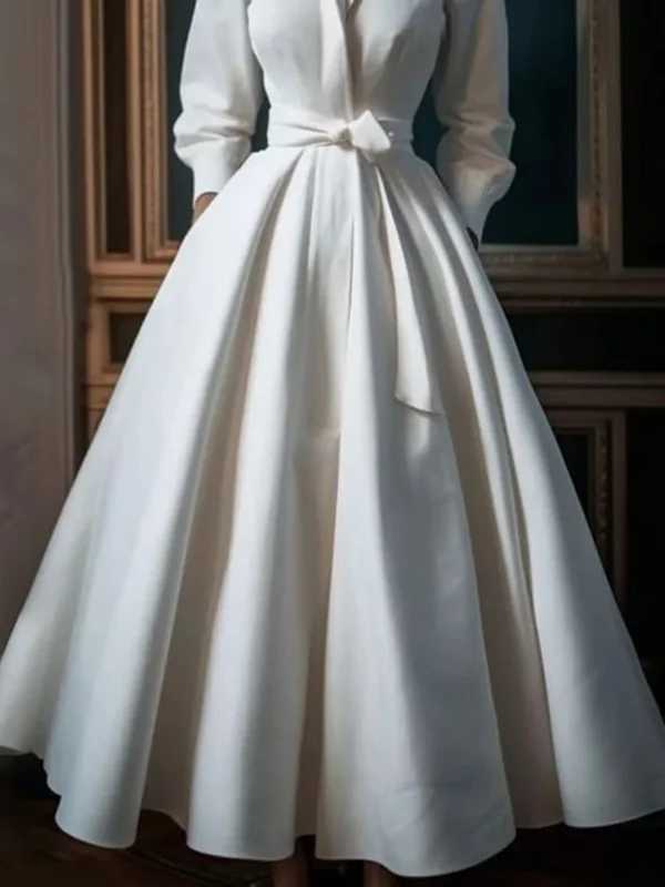 Kri Party Evening Dress Spring Long Sleves Loose Solid Color Waist Collar Midi Birthday Wedding Dress X241226
