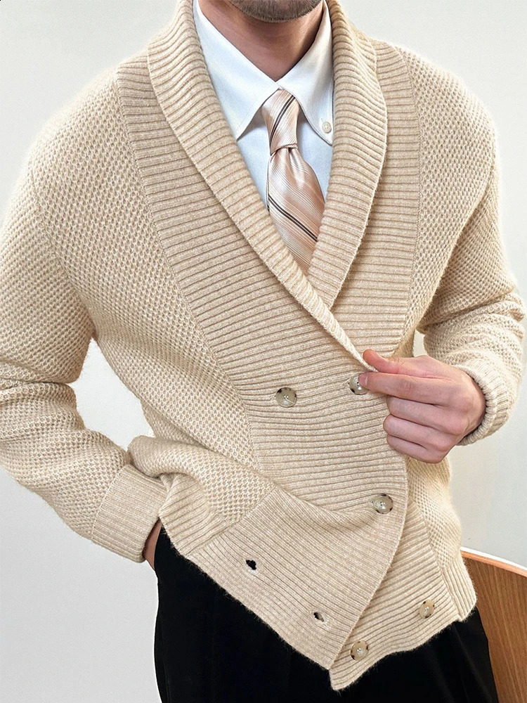 Trendy Double-breasted Sweater Cardigans Men 2025 Spring Vintage Lapel Knitted Jackets Mens Clothes Casual Knitting Sweatercoats 241224