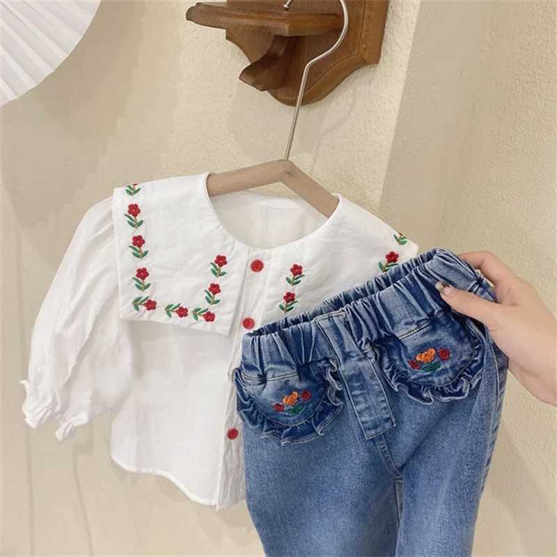 Girls Loose Jeans Children Temperament Straight Pants Girls Fashionable Embroidered Wide Leg Pants W241227