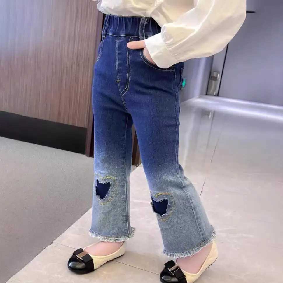 Autumn Childrens Jeans for Girls Patchwork Elastic Waist Babies Denim Pants for Girls 1-8Y Girls Versatile Flared Pants W241227