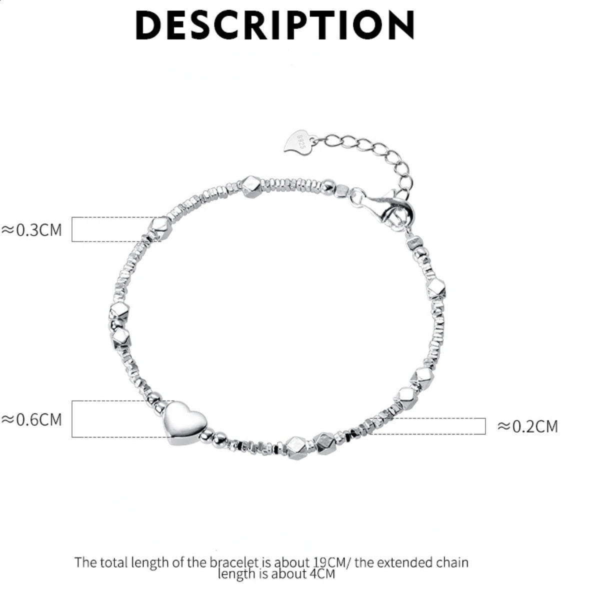 194cm Irregular Heart Anklet For Women Sweet Romantic Silver 925 ID Card Bead Bracelet Shinny Fine Jewelry 241226