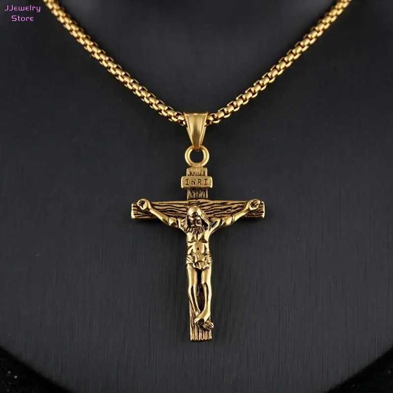 Fashion Crucifix Jesus Christ Men Jewelry Gold Brown Silver Color Metal Cross Pendant With Neck Chain Necklaces For Man WomenXJ241227