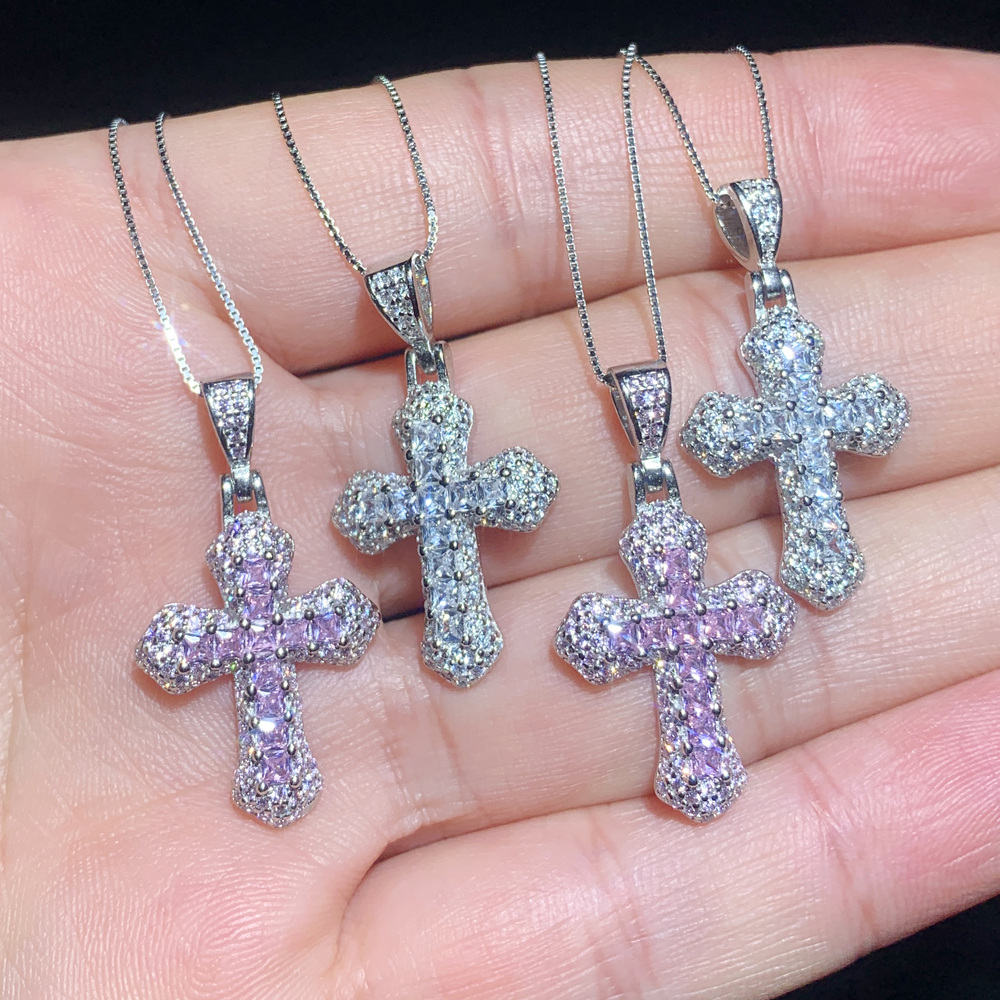 sdzstone Real 925 Sterling Silver Cross Pendant Micro Pave Bling Cz Pink White Cubic Zirconia Necklace for Women Classic Fashion