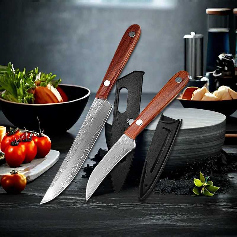 Damascus Steel Kitchen Utility Knives Boning Meat Cleaver Chef Knife Barbecue Steak Sushi Cutter Fruit Paring Tools with Sheath Y241227