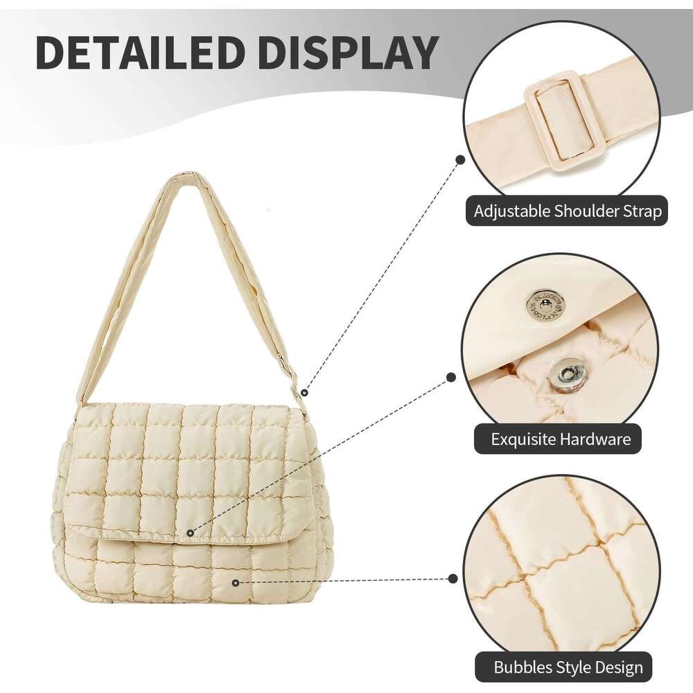 Quilted Puffer Crossbody Bag for Women, Soft Lightweight Nylon Puffy Padding Bubble Shoulder Purse Handbag