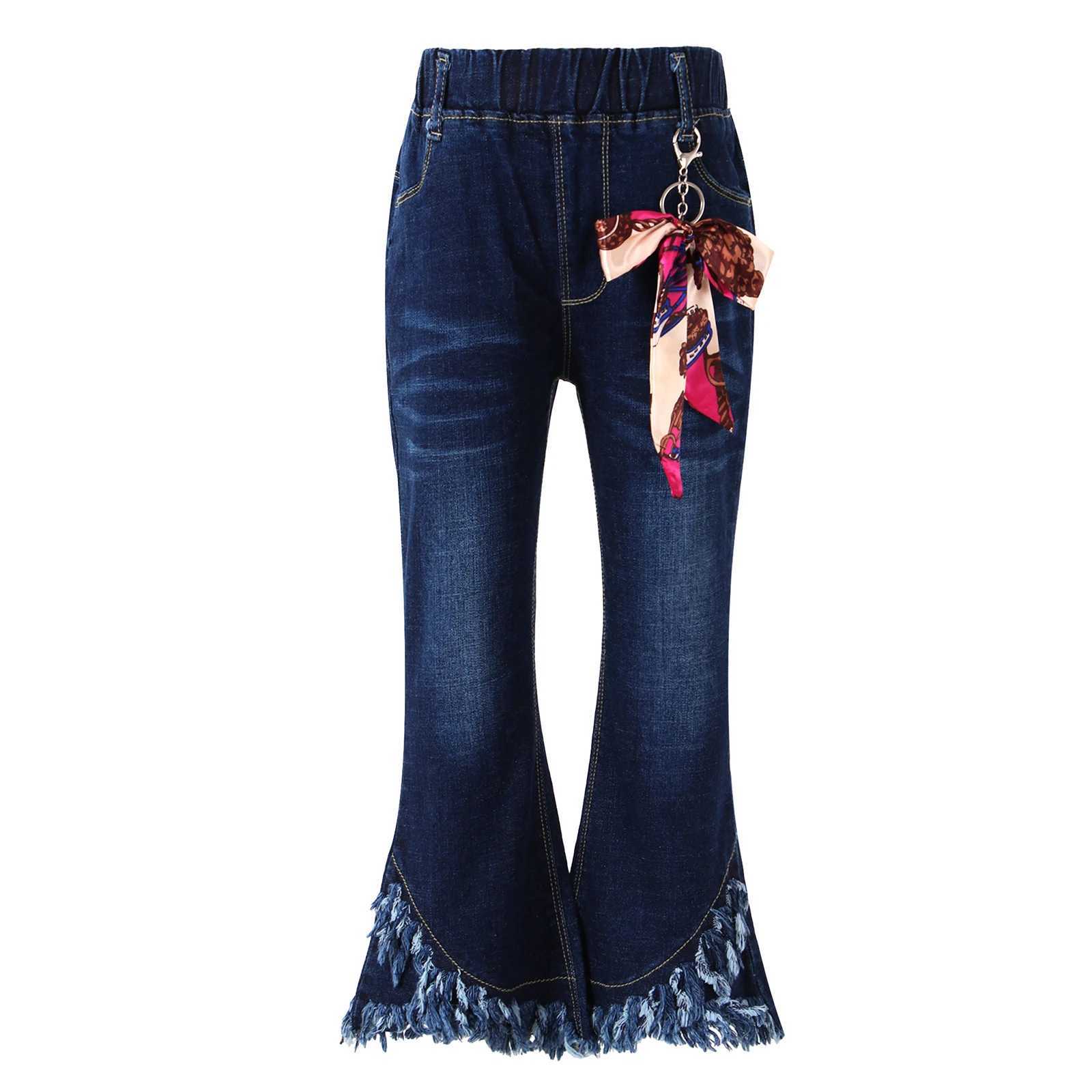 Kids Baby Girls Flare Pants Tassel Hem Denim Bell Bottom Children Toddler Kids Elastic Waist Blue Cute Jeans Trousers Clothes W241227