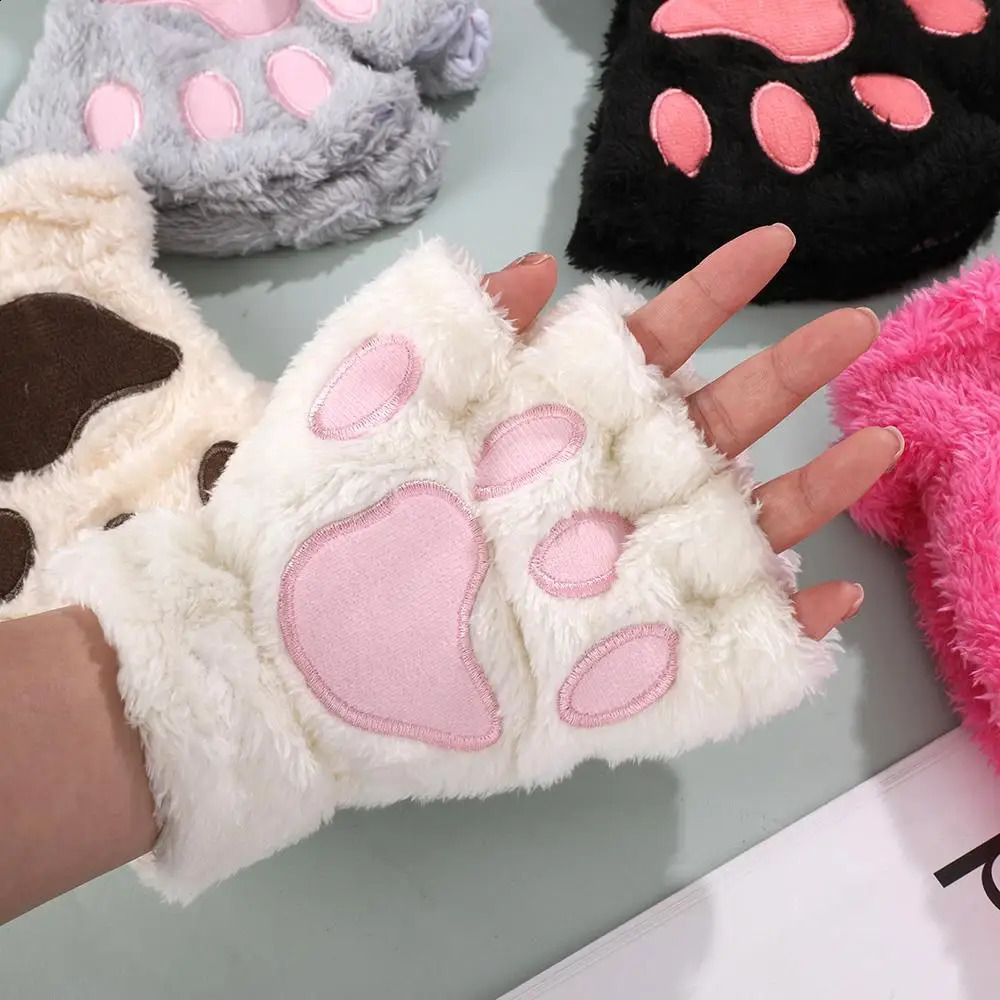 Cat Paw Half-finger Gloves Winter Cute Cartoon Cat Girl Open Finger Gloves Thickened Fluffy Bear Paw Kitten Fingerless Mittens 241227