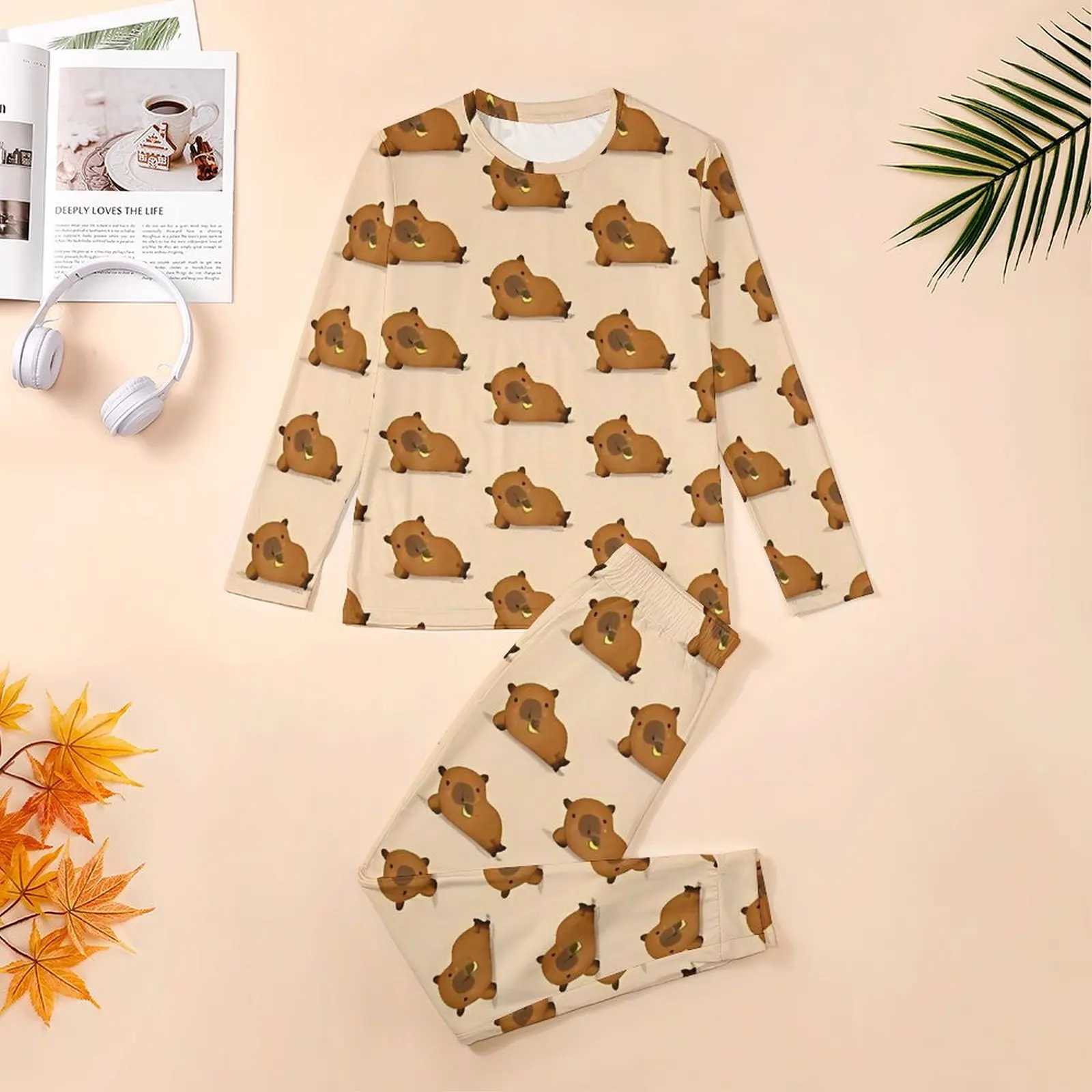 Capybara Drinking Juice Pajamas Spring 2 Piece Cute Animal Cool Pajama Sets Man Long-Sleeve Aesthetic Custom Nightwear 4XL 5XLXJ241227