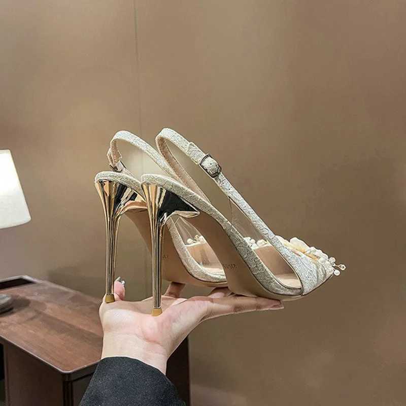 French Bride Gold Wedding Shoes Thin Heel Pointed Shallow Mouth Flower Rhinodrill High H Bao Fi Wen Sandals Z241227