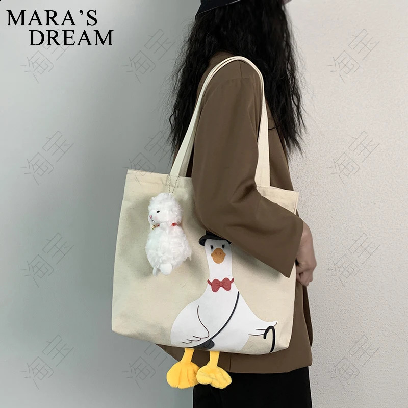 Maras Dream Women Shoulder Shopper Bag Cute Duck Cartoon Print Casual Kawaii Canvas Tote Shopping Cotton Cloth Eco Handbags 241225