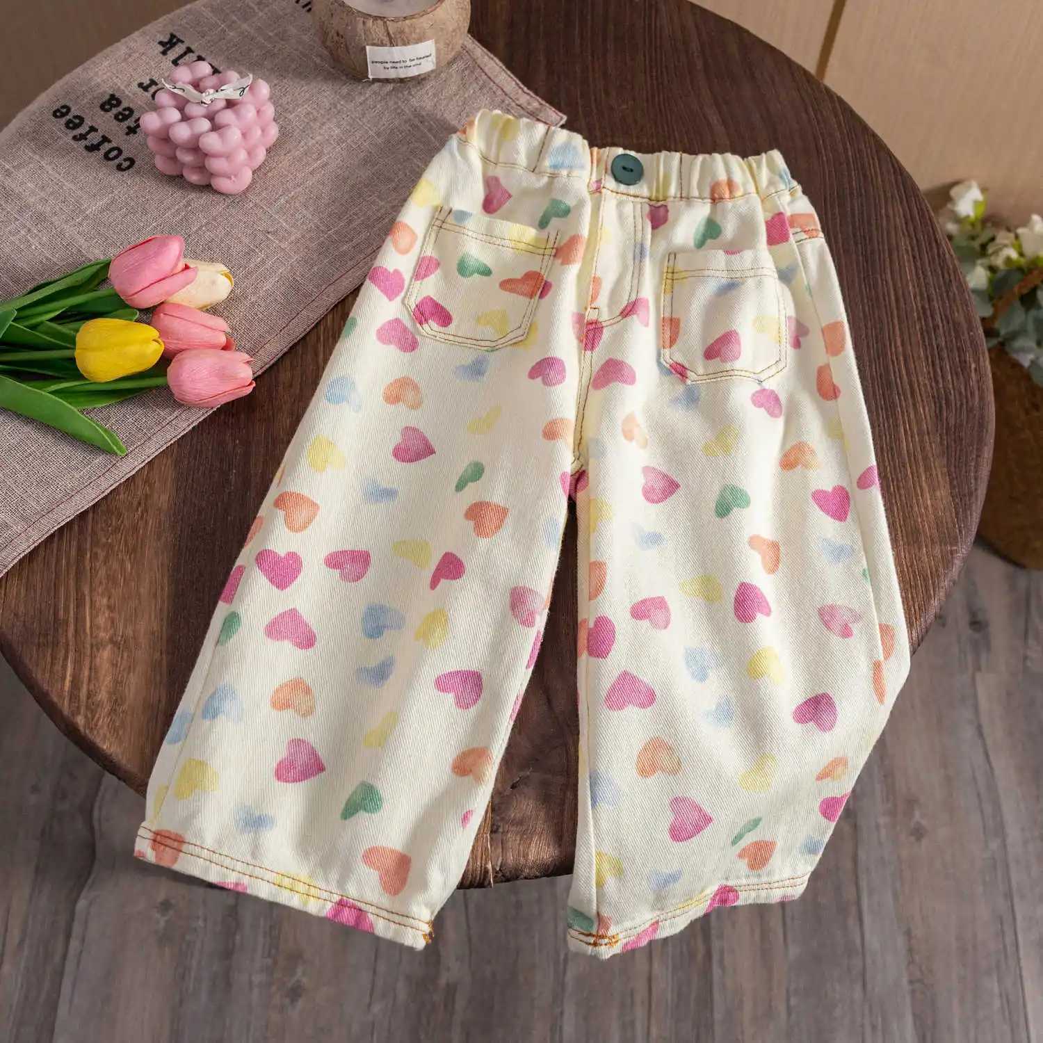 New Spring Autumn Kids Pants coloful heart printed children straight jeans Girls loose denim Trousers W241227