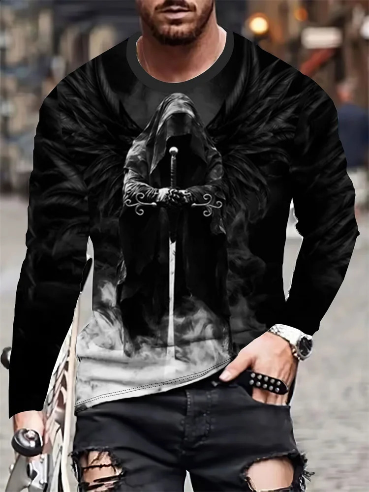 Skull Reaper Print Mens Halloween Long Sleeve Tshirt Fall Everyday Casual Top Outdoor Street Fashion 241220