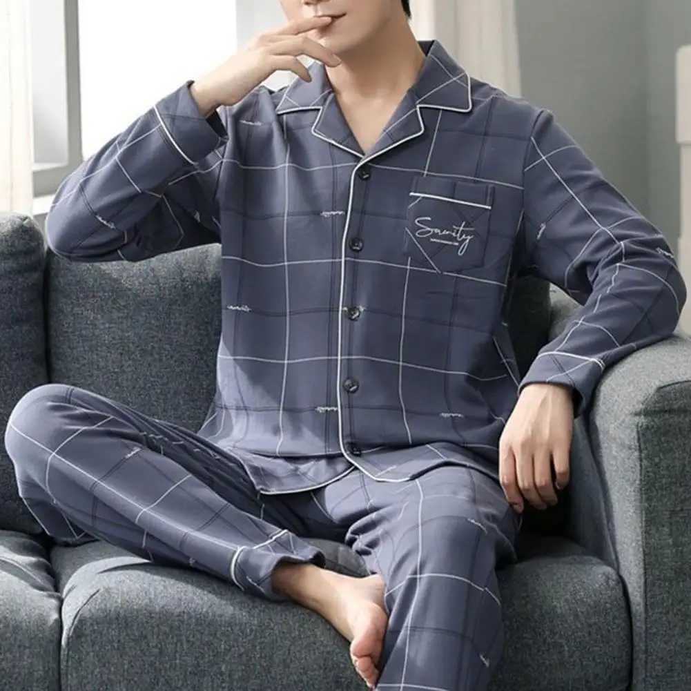 Plaid Print Pajamas Set Men Pajama Set Mens Plaid Print Pajama Set with Long Sleeve Shirt Elastic Waist Pants Casual for SpringXJ241227