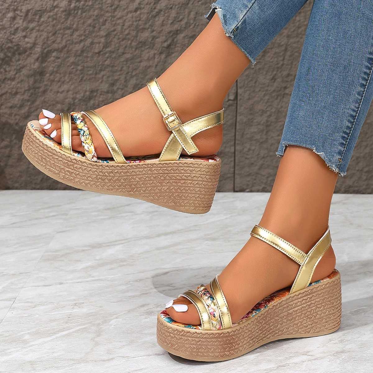 High Quality Womens Platform Wedge Sandals Summer High Heel Round Toe Comfortable Floral Woman Designer Gold Shoes Luxury Sandalias T241227