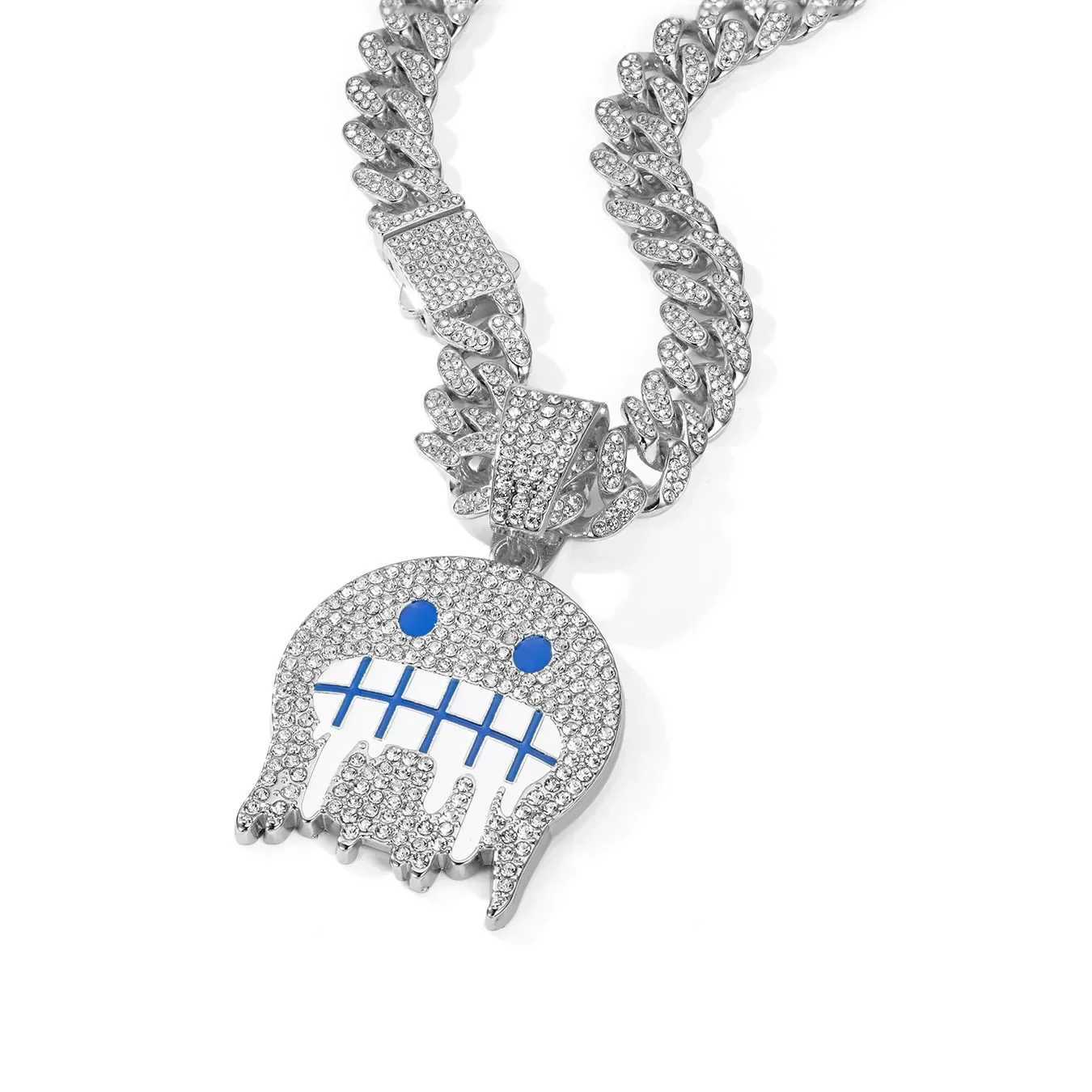 Men White Blue Cubic Zirconia Paved Hip Hop Round Face Pendants Necklaces with Cuban Chain d Out Bling CZ Fashion Boy JewelryXJ241227