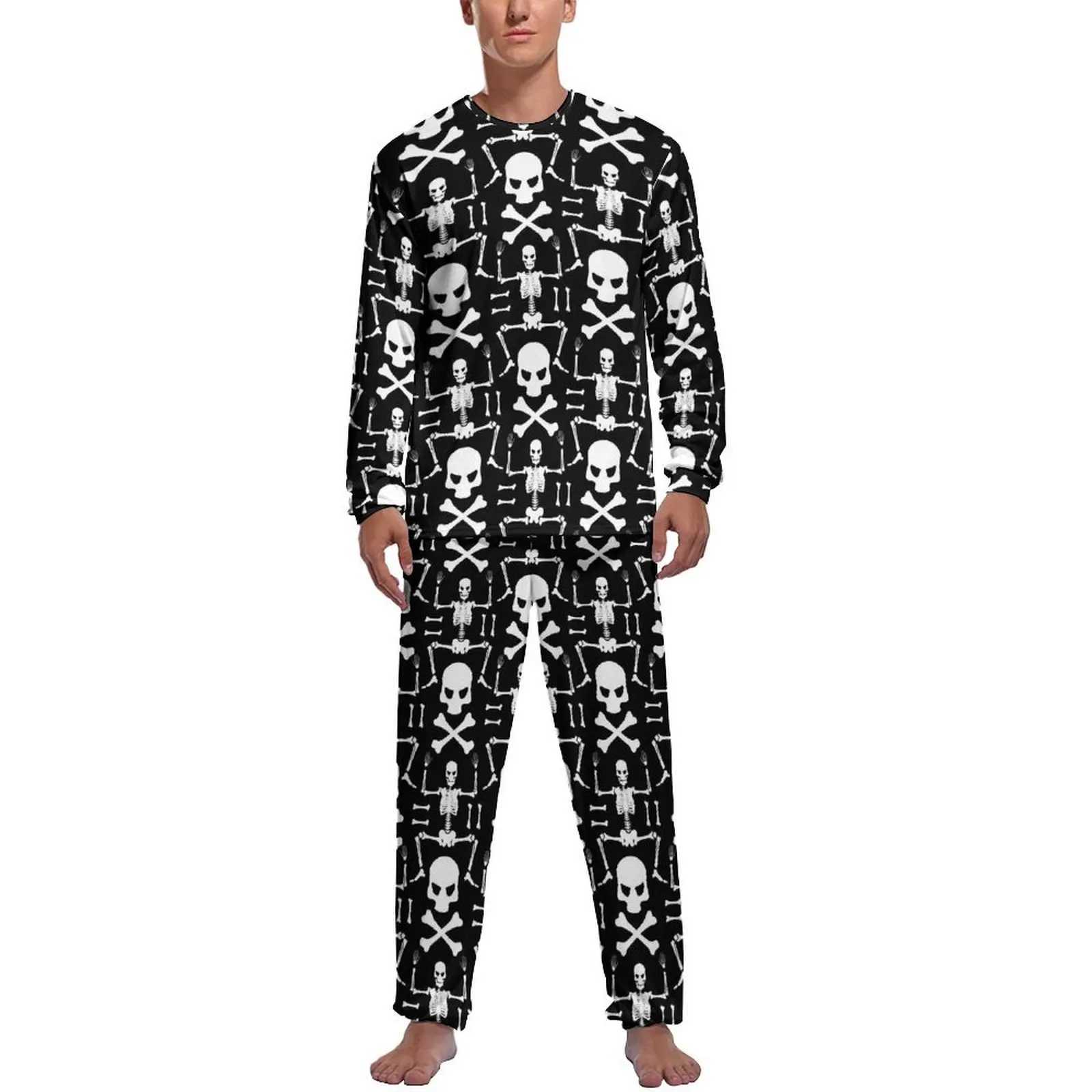 Skeleton Pajamas Autumn 2 Pieces Bone Skulls Cool Pajama Sets Mens Long Sleeve Leisure Pattern NightwearXJ241227