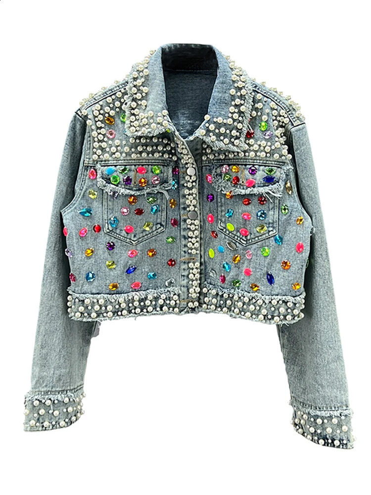 DEAT Womens Denim Coat Full Pearls Colored Beaded Crystal Long Sleeve Cool Burrs Female Jackets 2025 Spring Fashion 29L4067 241223