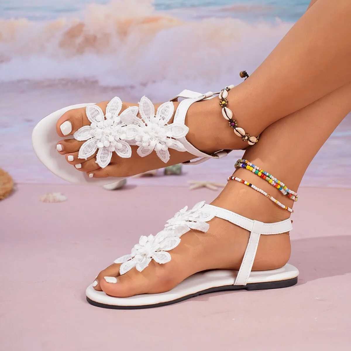 High Quality Fancy White Lace Crochet Flower Sandals Woman Summer Elegant T-Strap Flat Sandalias Ladies Floral Beach Holiday Bride Shoes T241227