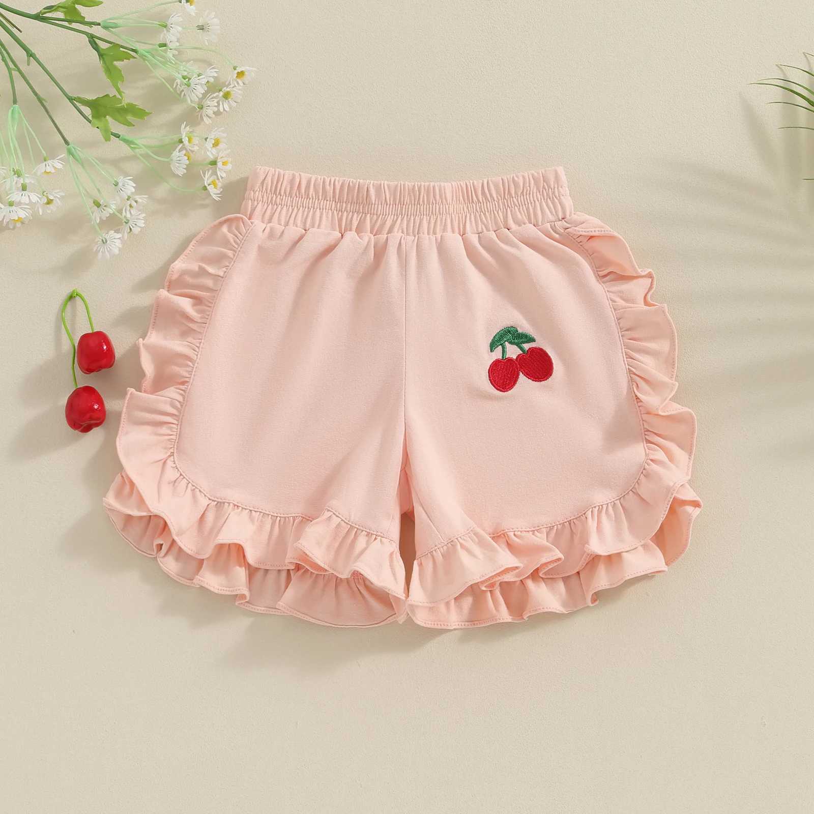 Pudcoco Toddler Kids Baby Girl Ruffled Shorts Cherry Embroidery Elastic Waist Kids Short Pants for Summer 6M-5T W241227