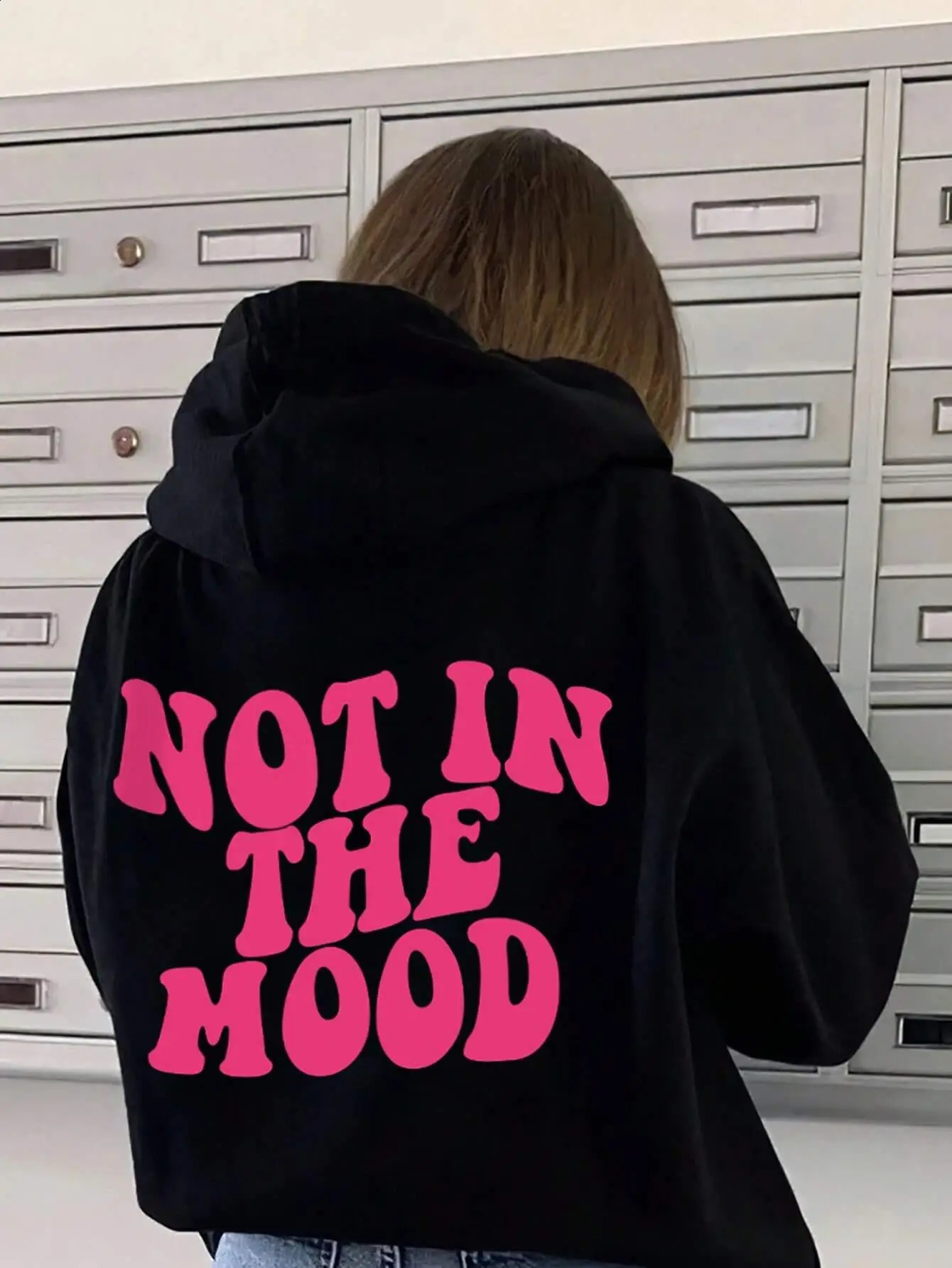 Not In The Mood Personality Letter Female Hoodies Loose Hoodie Autumn Warm Fleece Hoody Harajuku Street Pullover 241223