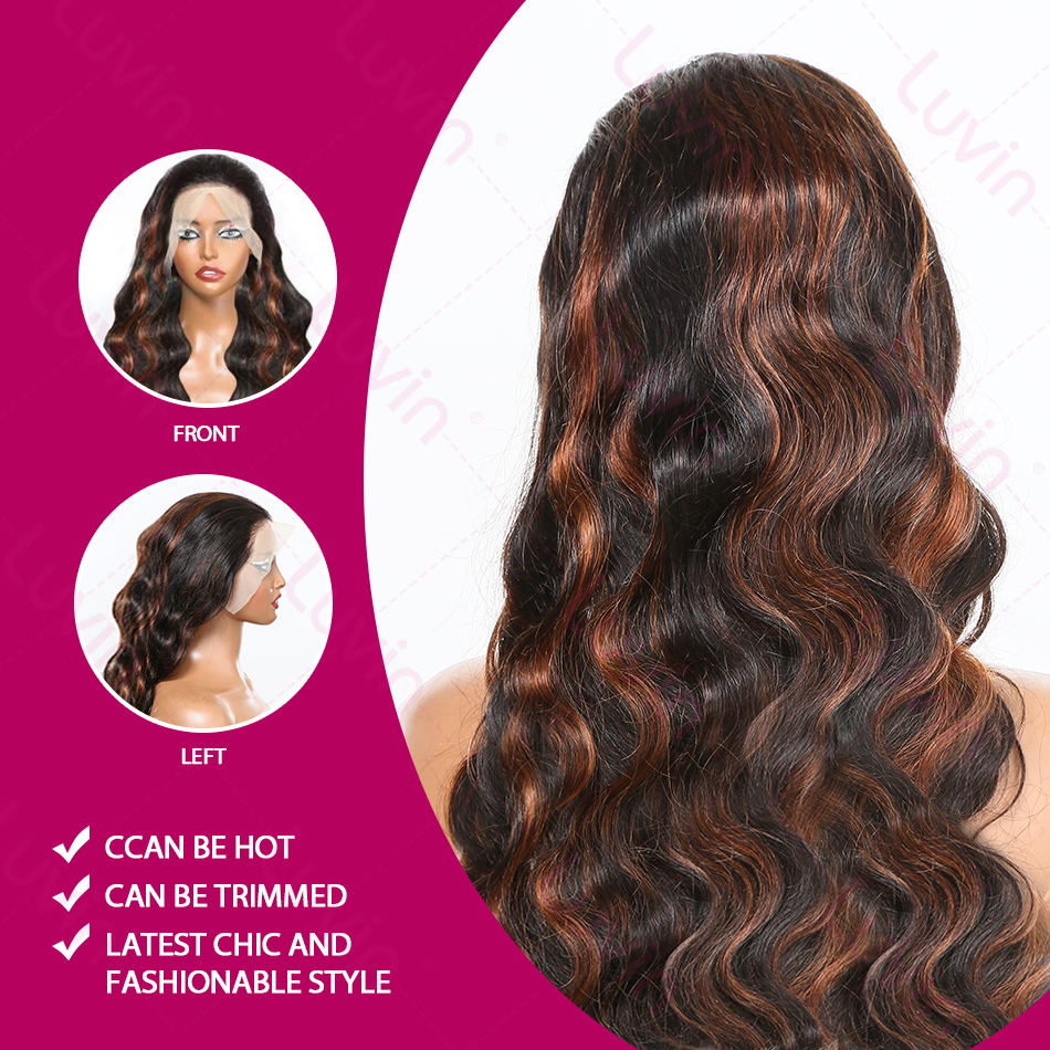 Luvin Ombre Highlight 13X4 Front Wig Human Hair 1B/30 Black Brown Body Wave Wigs Transparent Lace Brazilian For Women