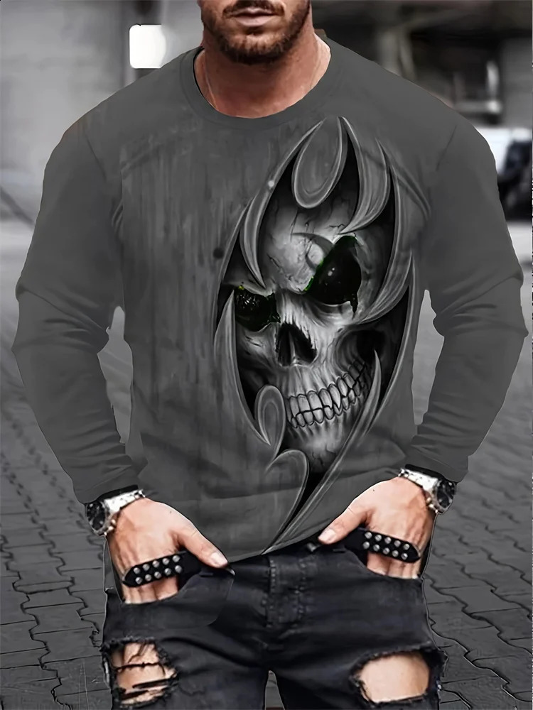 Skull Reaper Print Mens Halloween Long Sleeve Tshirt Fall Everyday Casual Top Outdoor Street Fashion 241220