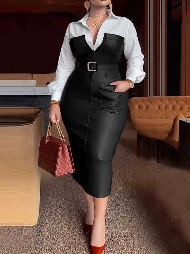 Gymstars Womens Shirt Collar Dress New Autumn Button Length Slip PU Leather Patch Work Pocket Tight Strap Collar Womens Midi X2412261