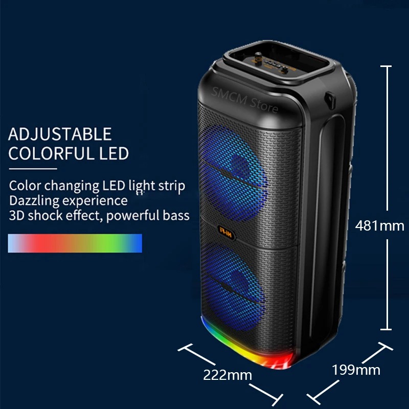 Super Large Outdoor Bluetooth Speaker Peak Power 1200W Double 6 Inch Horn Subwoofer Portable Wireless Column Bass Sound with Mic