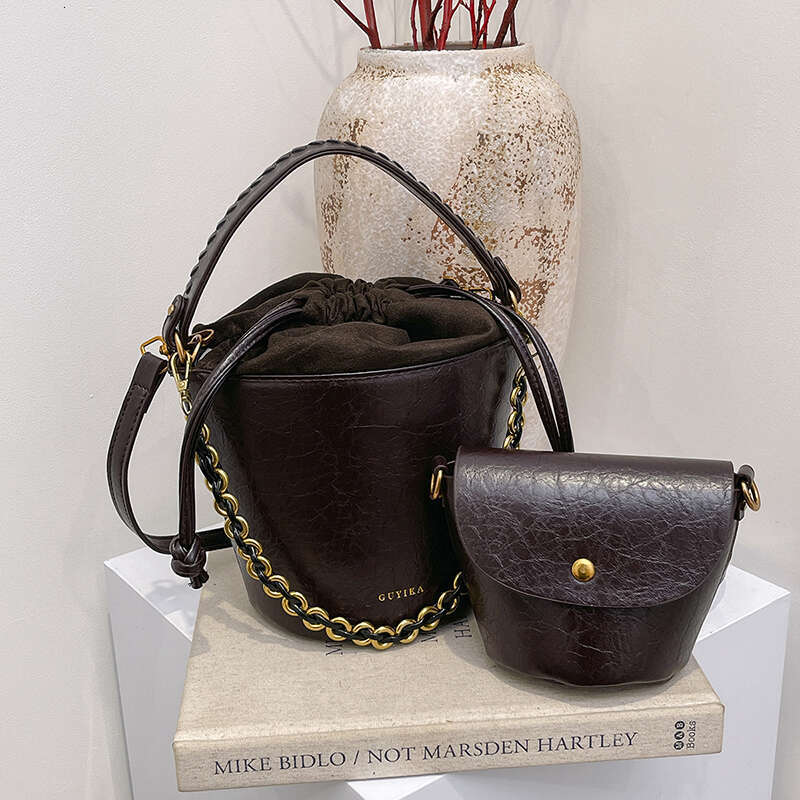 Women's Bags Retro Bucket Crossbody Bags For Women Oil-Waxed Leather 2-In-1 Chain Shoulder Bag Designer Purses And Handbags