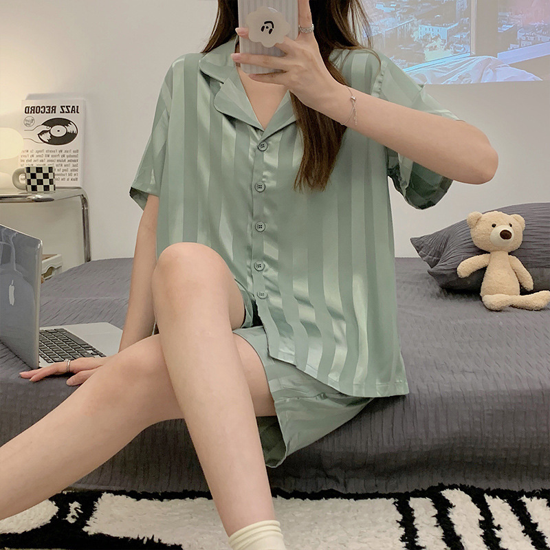 B602-Ice silk jacquard short-sleeved shorts pajamas women's summer thin suit home clothes
