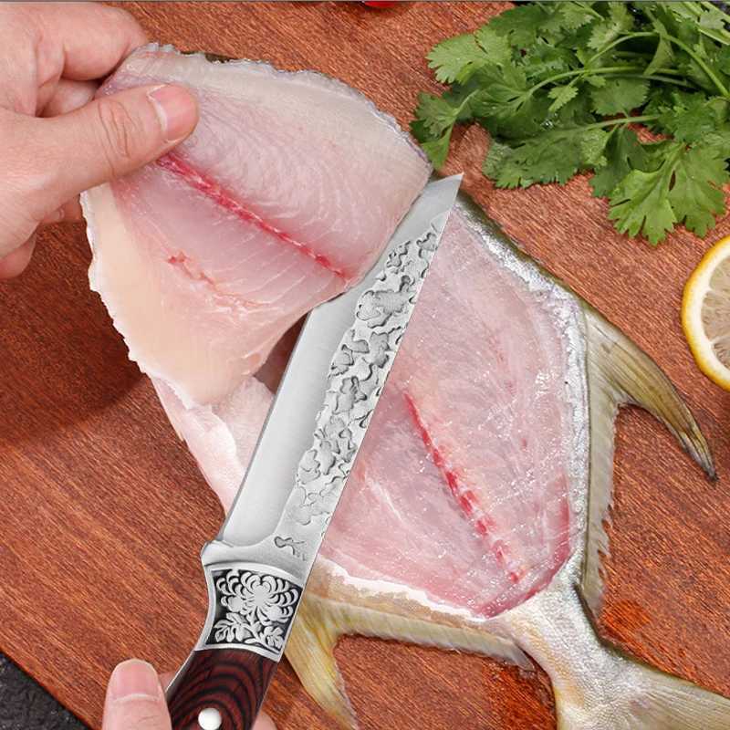 Forged lawn mower kitchen chef knife stainless steel hand meat knife fruit ingredients fishing portable barbecue but Boning knife cover Y241227